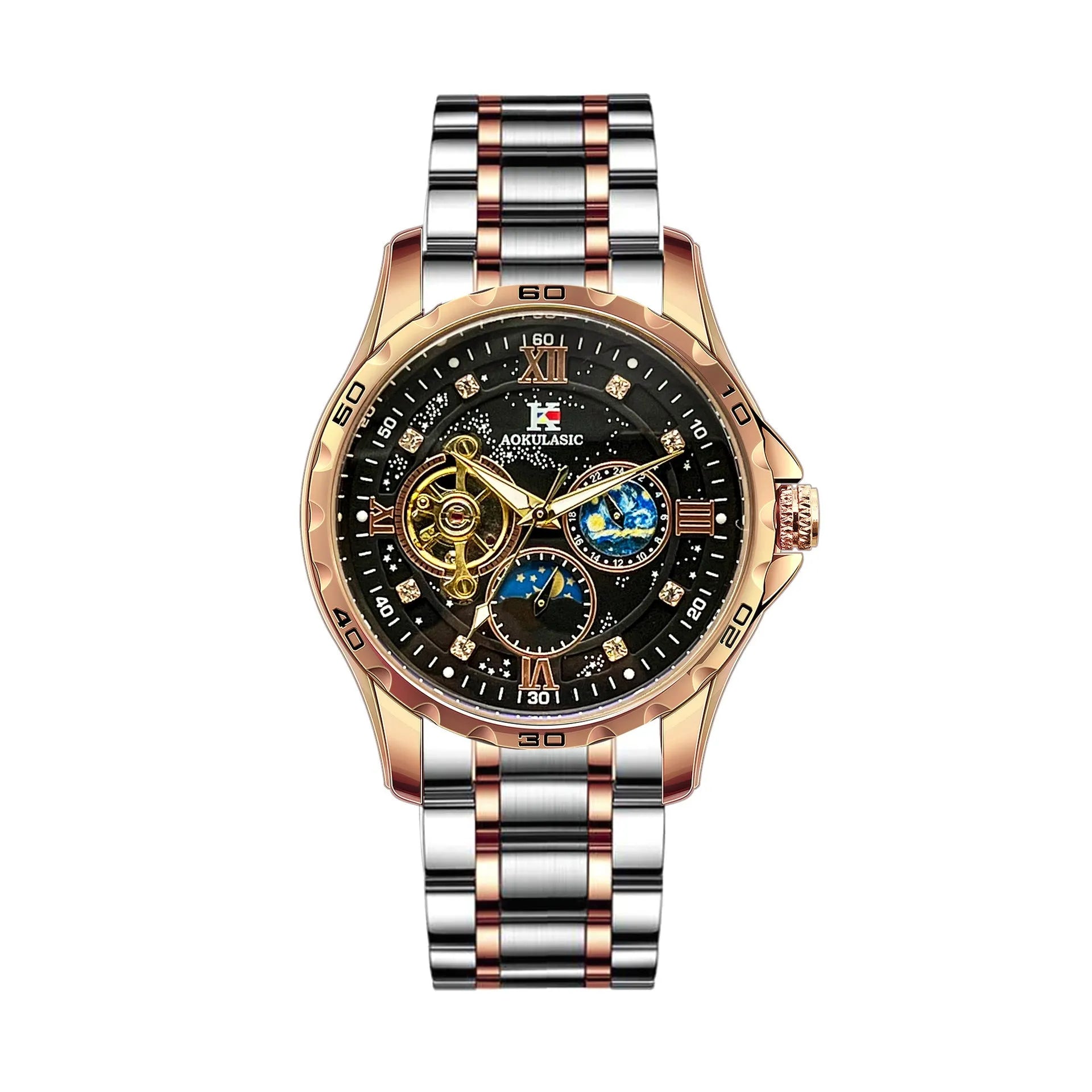 Automatic mechanical men's watch with rose gold shell, black surface, and large multifunctional dial