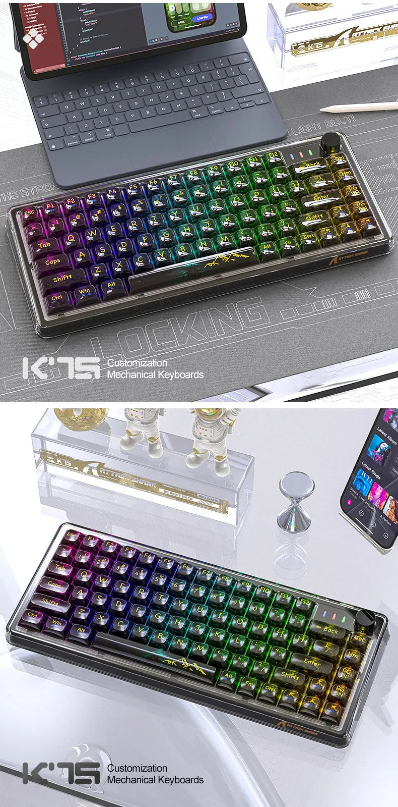Attack Shark K75 white transparent wireless mechanical keyboard with RGB backlight on a desk.