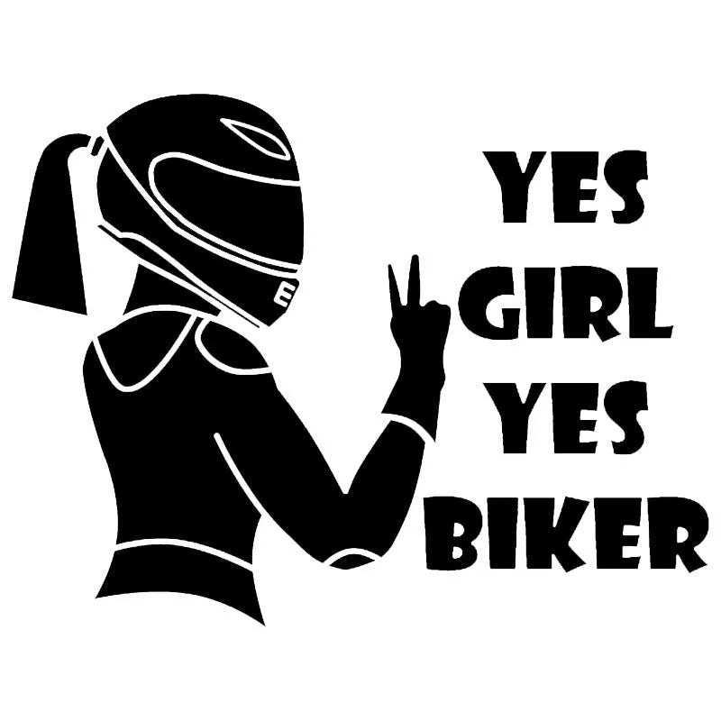 Cool girl rider design car sticker in black, white, and laser colours, 16cm by 15cm.