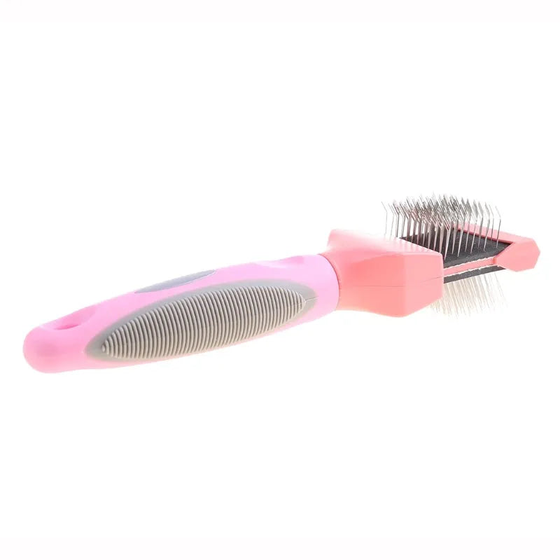 Double-sided pet brush with stainless steel pins in blue colour, showing ergonomic handle and flexible brush head