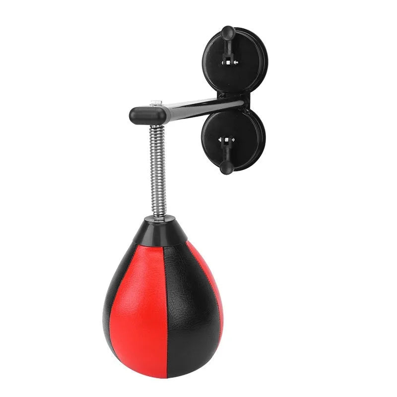 Red and black inflatable boxing training ball with suction cup mounting system and pump