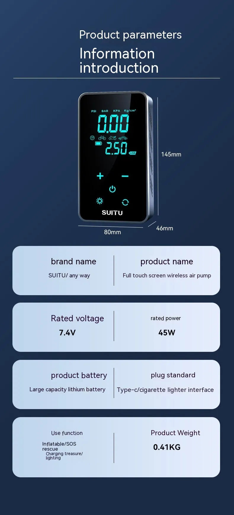 Wireless car tyre pressure inflator with LCD screen showing pressure reading