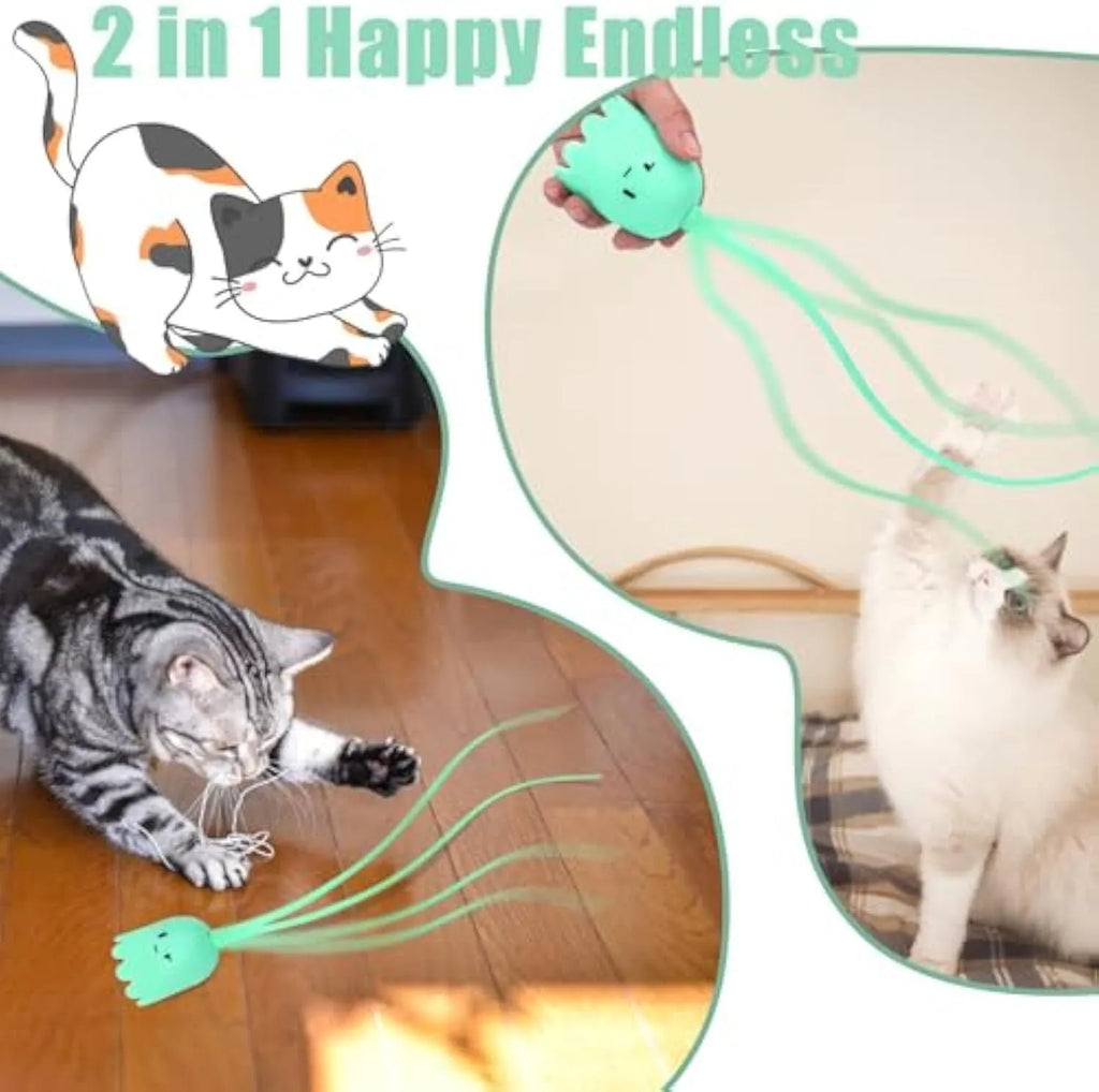 Green automatic cat wand toy with motorised silicone tails swinging, for indoor cat play.