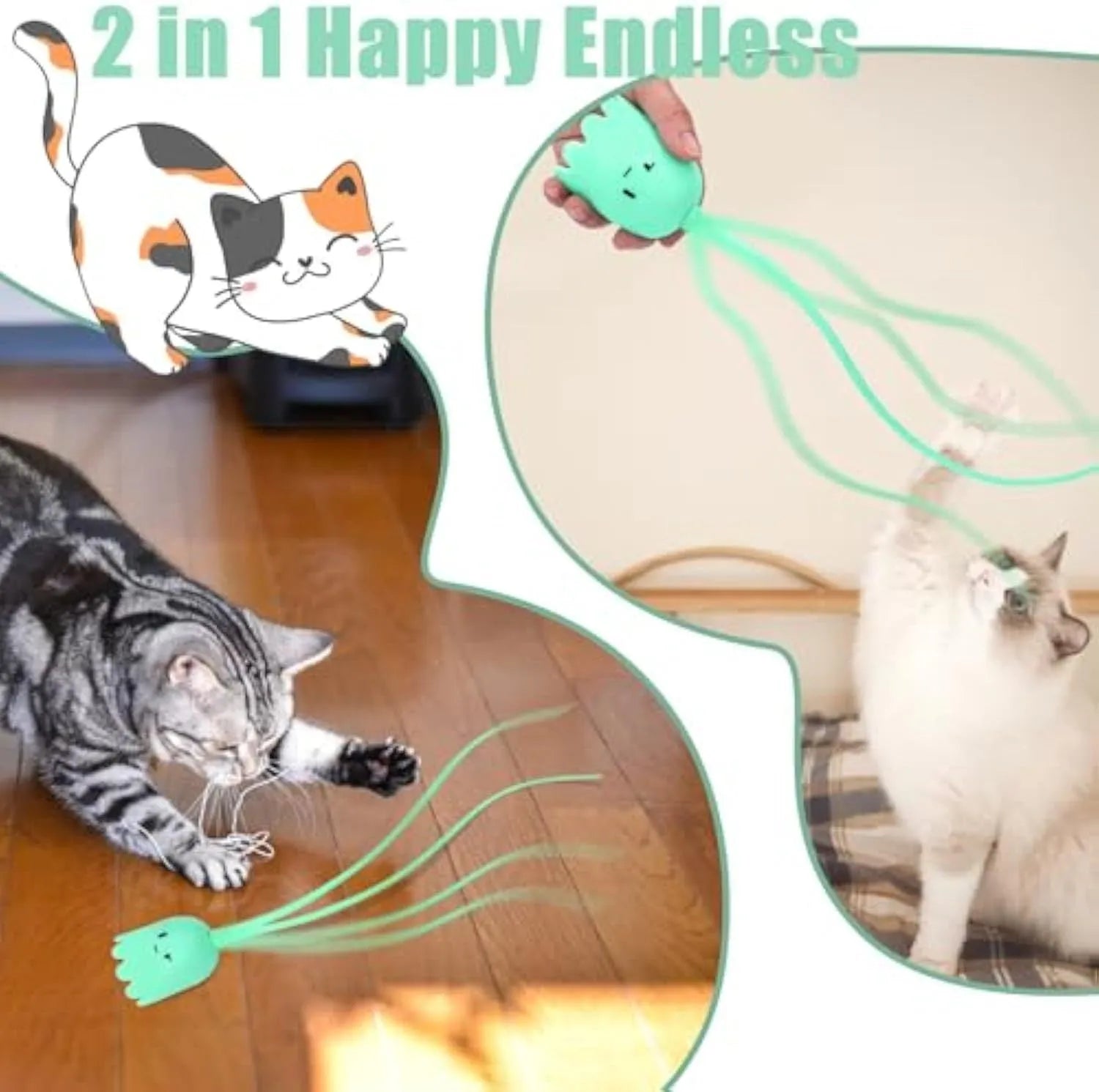 Green automatic cat wand toy with motorised silicone tails swinging, for indoor cat play.