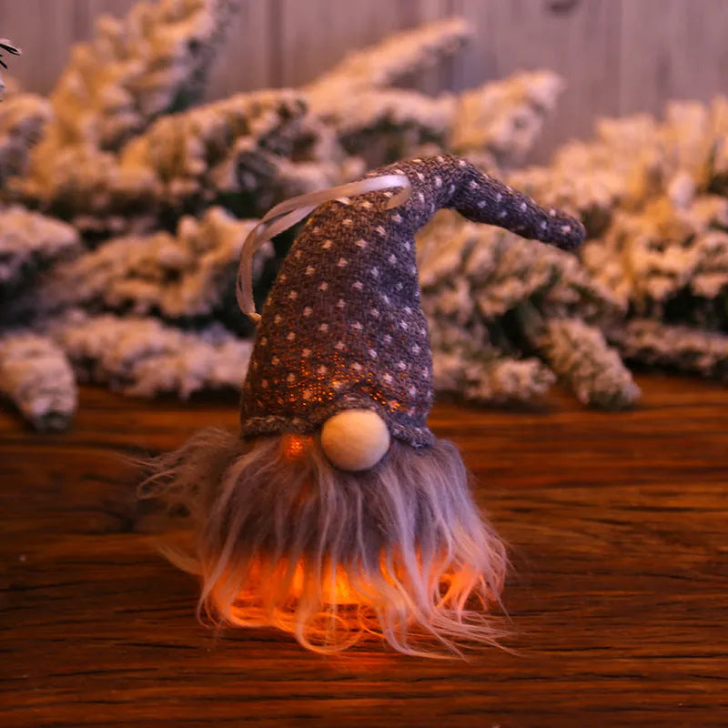 Handmade Swedish gnome LED Christmas tree ornament with warm light, yarn plush body 8x20cm beige colour