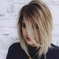 Short straight gold wig 16 inch length on a mannequin head for display