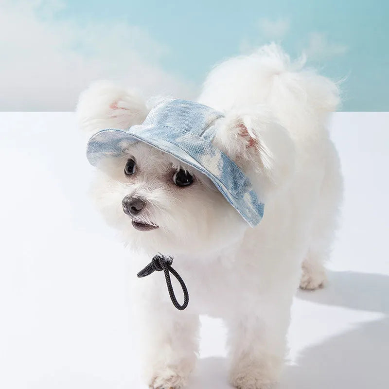 Adjustable tie-dye pet hat with ear holes for small to medium dogs, available in blue, orange, purple, and yellow