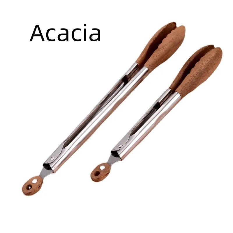 Stainless steel food tong with wood handle in walnut or acacia, 9 or 12 inch size option