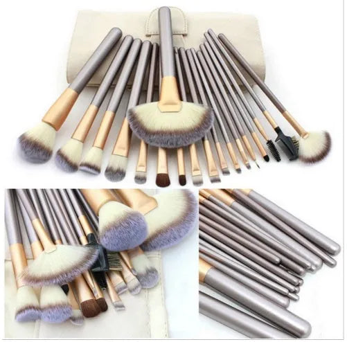Persian makeup brush set with rice white bristles and champagne handles in 12, 18 or 24 piece options