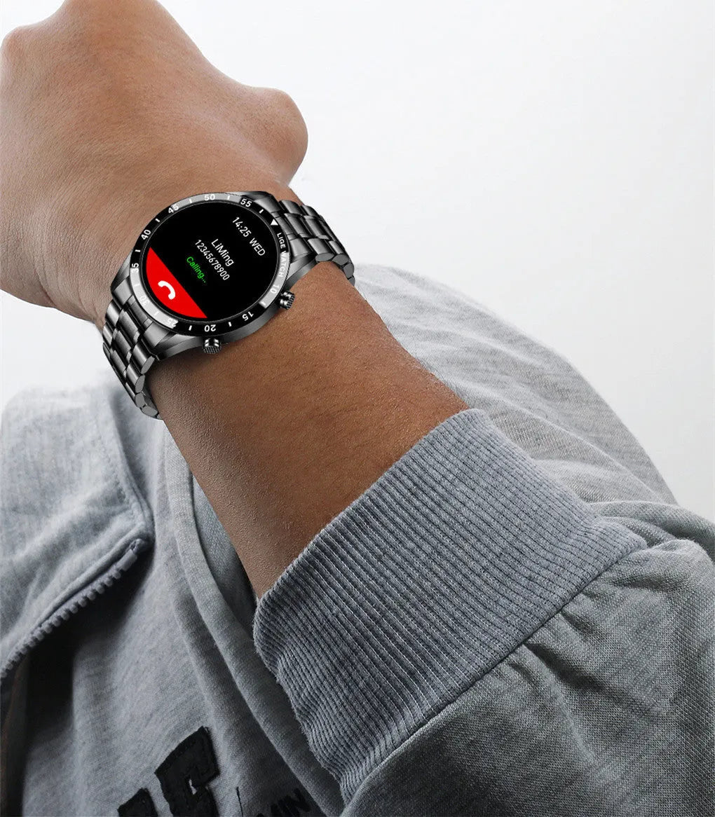 Smart watch with stainless steel wristband and 1.3-inch display showing step counter interface