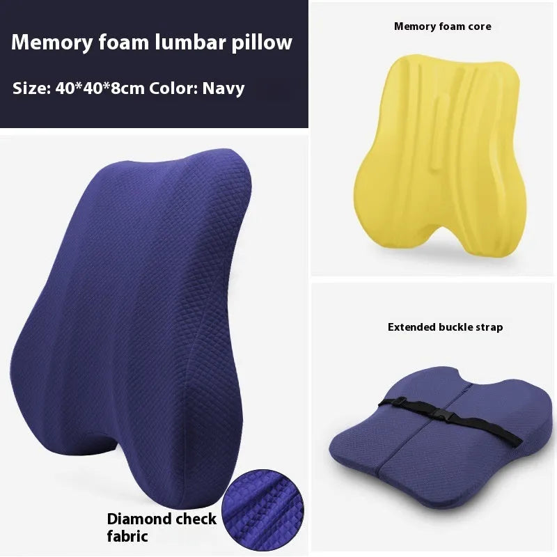 Gray lumbar support cushion for office chair, dimensions 40x40x8cm, shown on a desk chair.