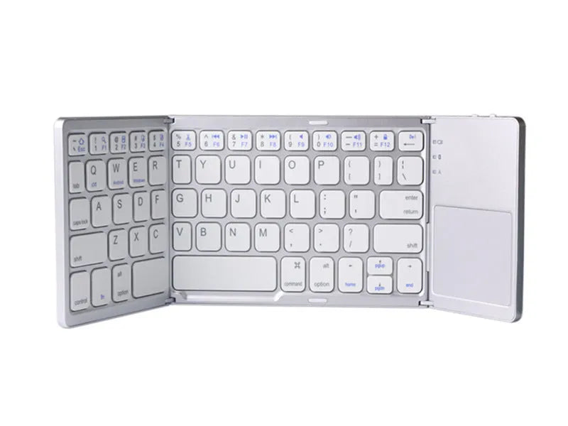 Black tri-fold folding Bluetooth keyboard with touchpad, shown both folded and unfolded next to a mobile phone.