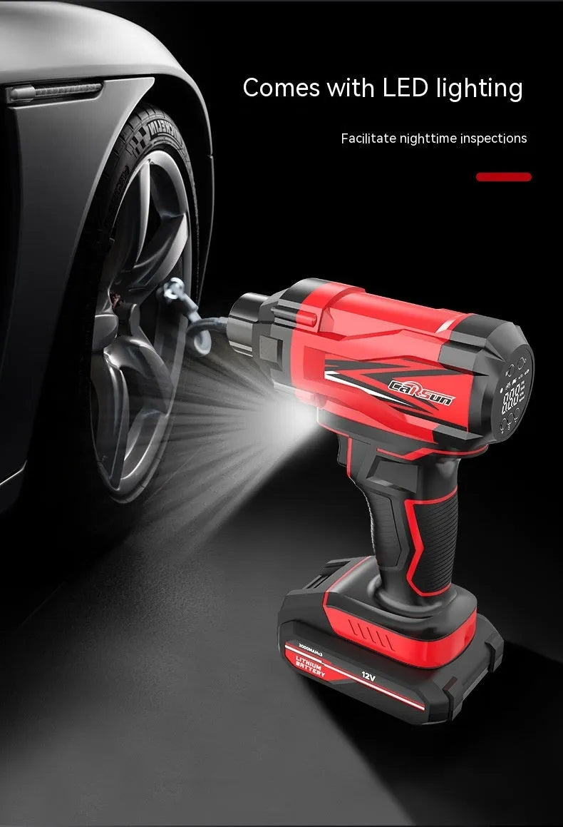 Red and black wireless car tyre inflator with nozzle attachments and power cable