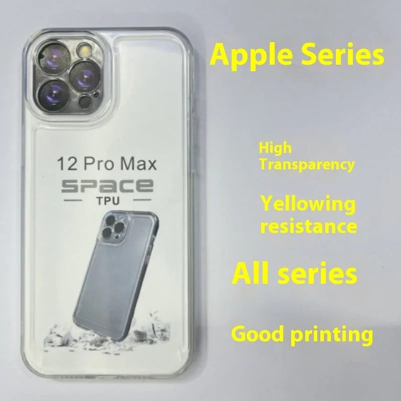 Transparent silicone phone case with all-inclusive lens coverage for iPhone, showing camera cutout protection