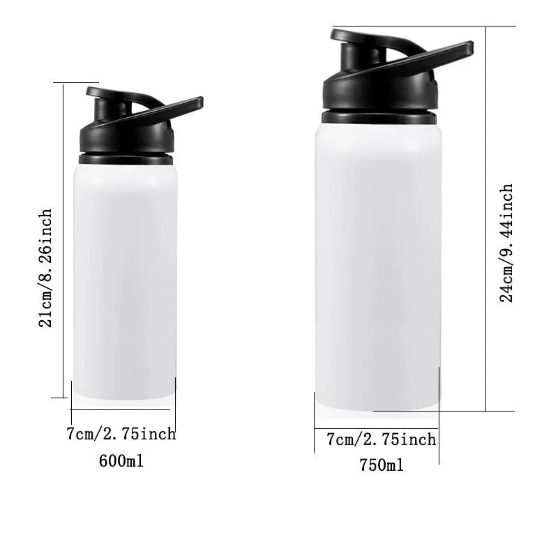White aluminium sports water bottle shown with 600ml and 750ml capacity options