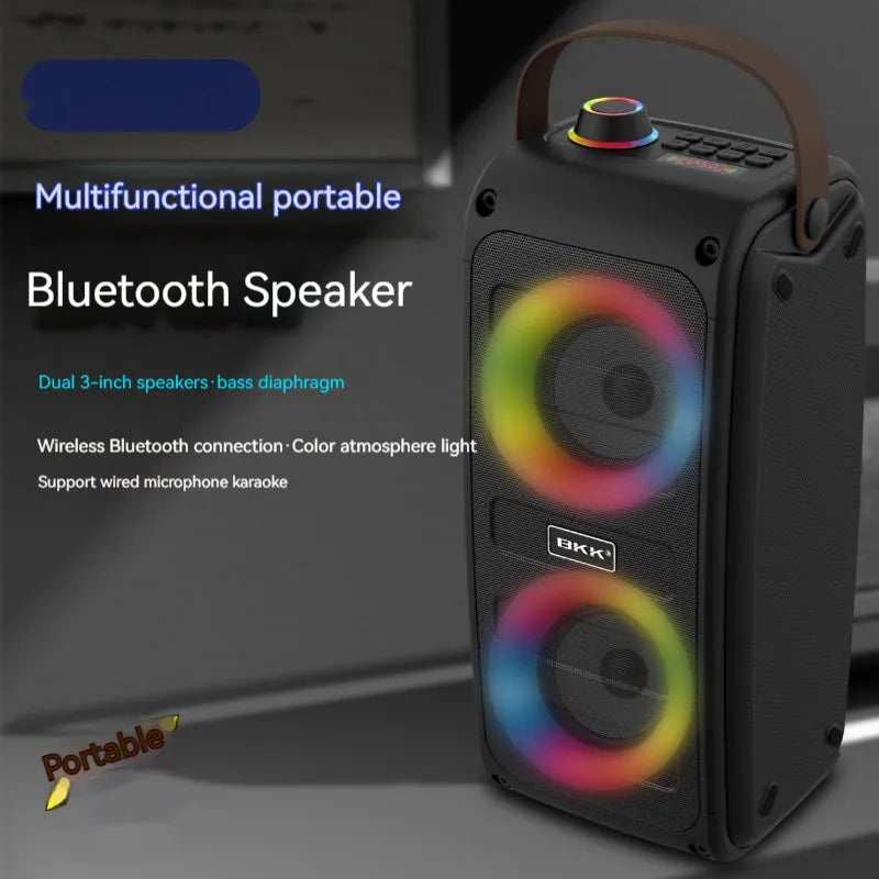 Portable Bluetooth speaker with colour light and radio in black plastic casing with button controls