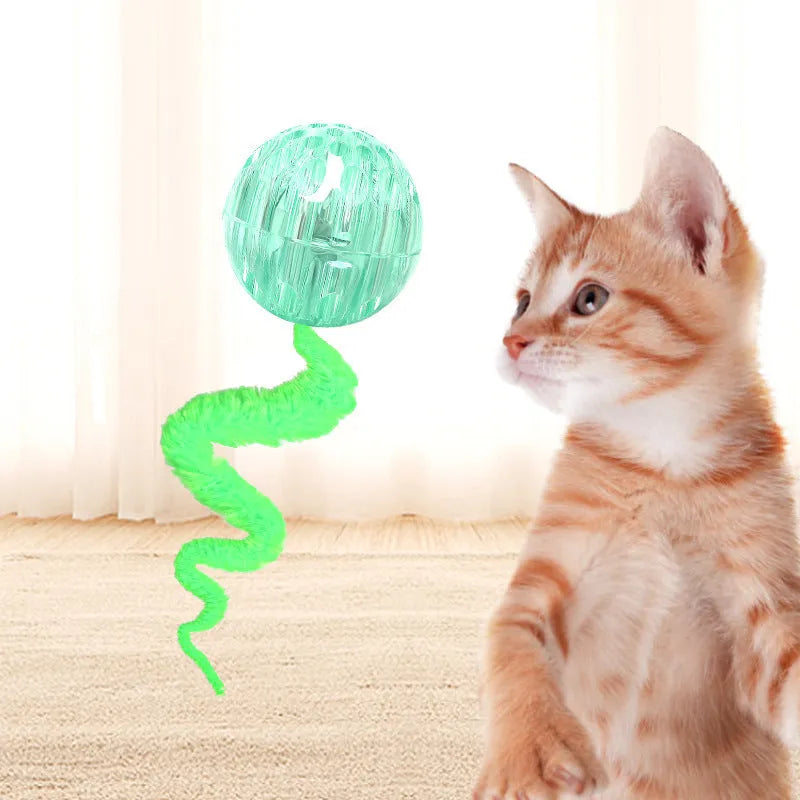 Interactive cat ball toy with bouncy ball and worm-like tail for indoor cats