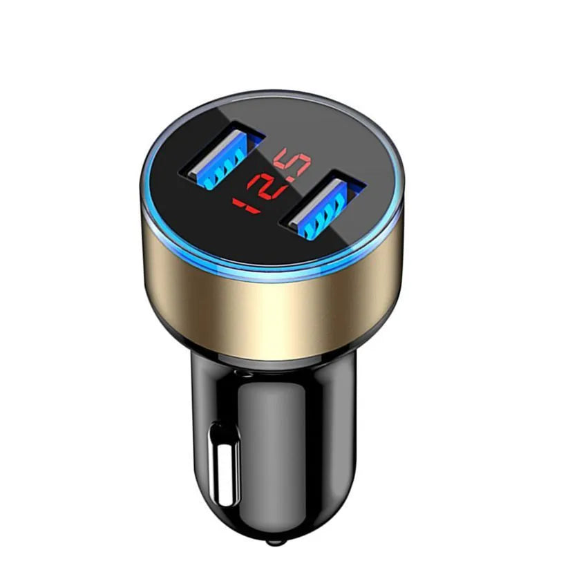 Aluminium alloy car charger with digital display in black, showing USB port and metal casing