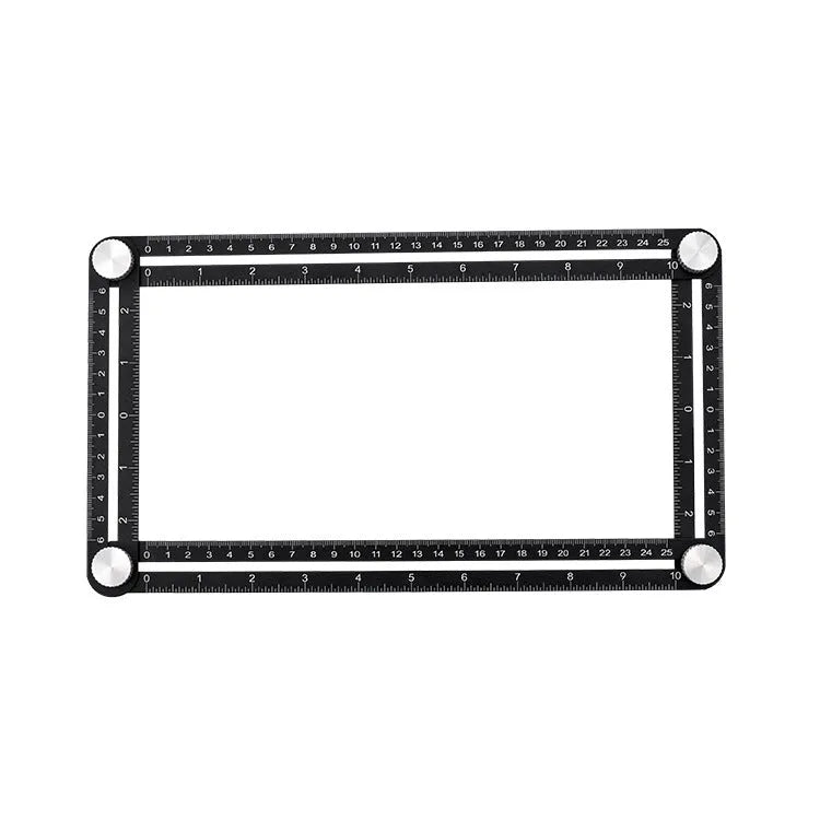 Aluminium alloy four-sided ruler template tool with sliding arms and tightening screws on a tiled work surface