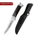 National style stainless steel camping fruit knife shown with its brown leather protective case.