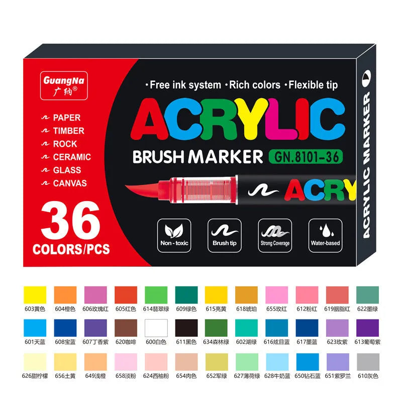 Set of straight liquid acrylic paint marker pens with soft brush tips in multiple colours