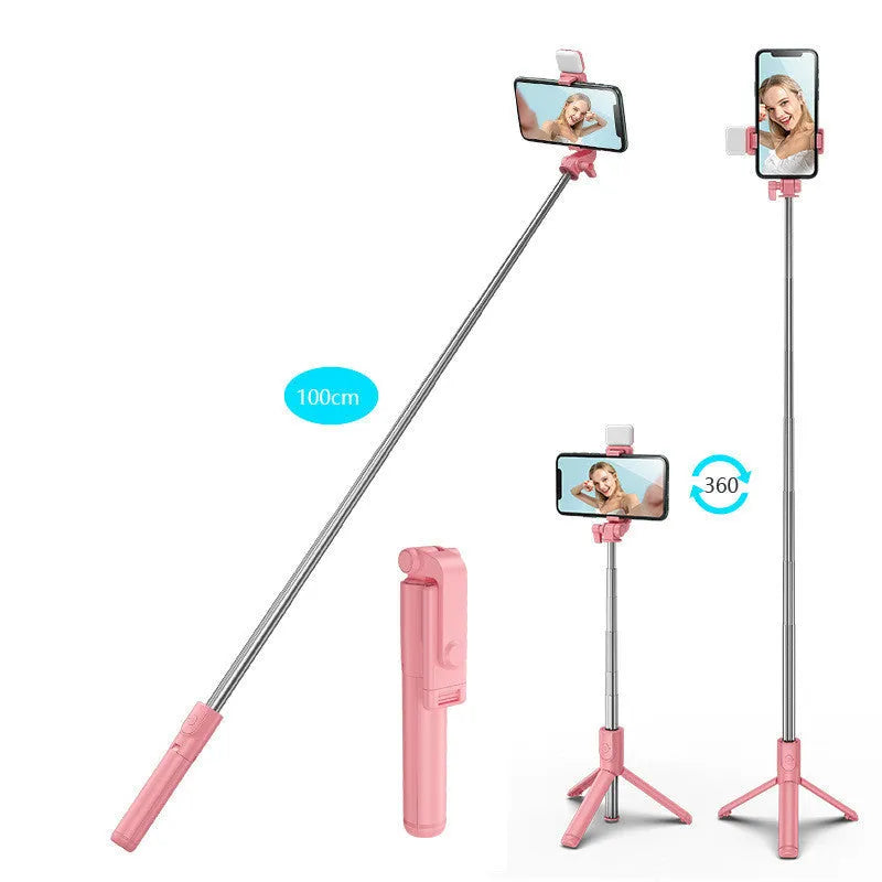 Black aluminium Bluetooth selfie stick tripod with integrated fill light and 360-degree rotating phone holder.