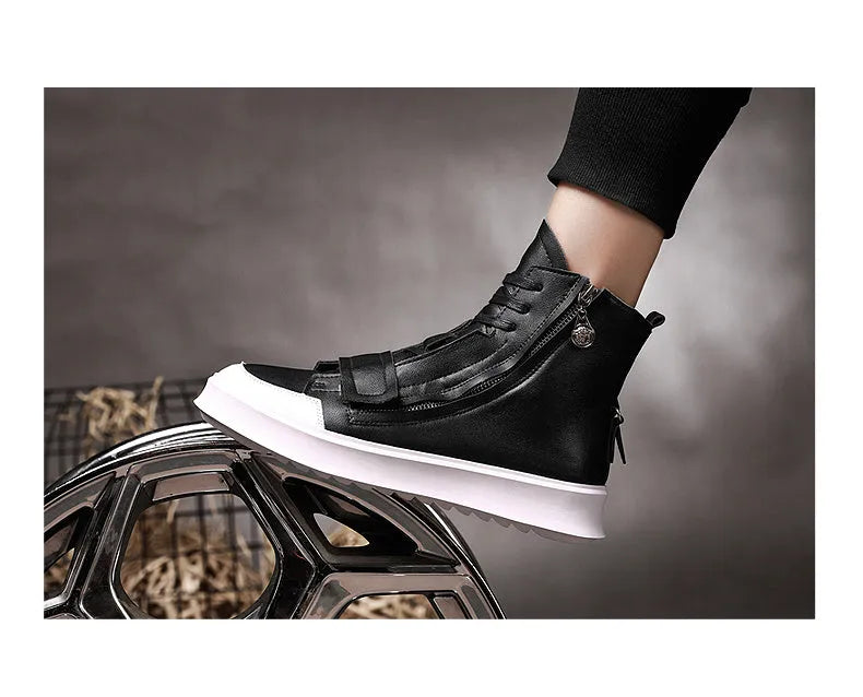 Men's black PU leather winter ankle boots in a high-top sneaker style on a white background.
