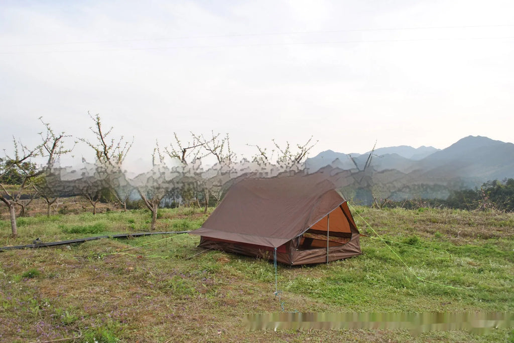 Brown or white A-line hiking tent pitched with hiking poles showing 210x150x110cm dimensions