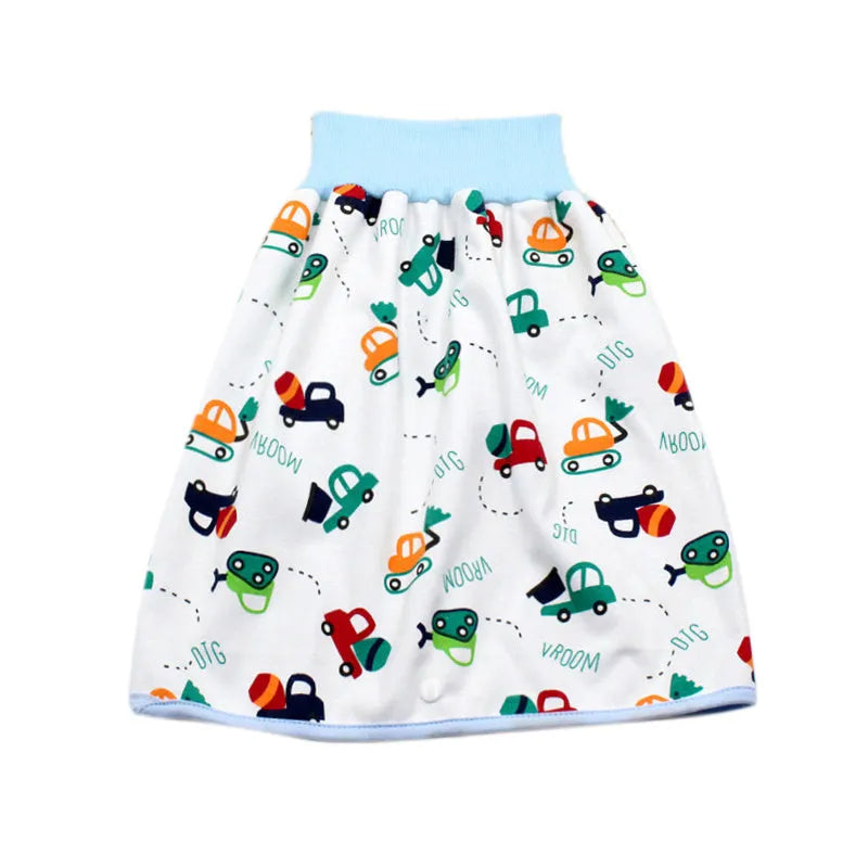 Baby girl wearing a multi-colour waterproof cotton diaper skirt with elastic waistband for belly protection