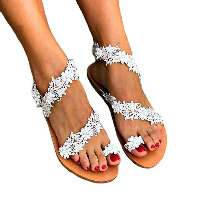 White rhinestone floral plus-size women's flat shoes with low back slip-on design