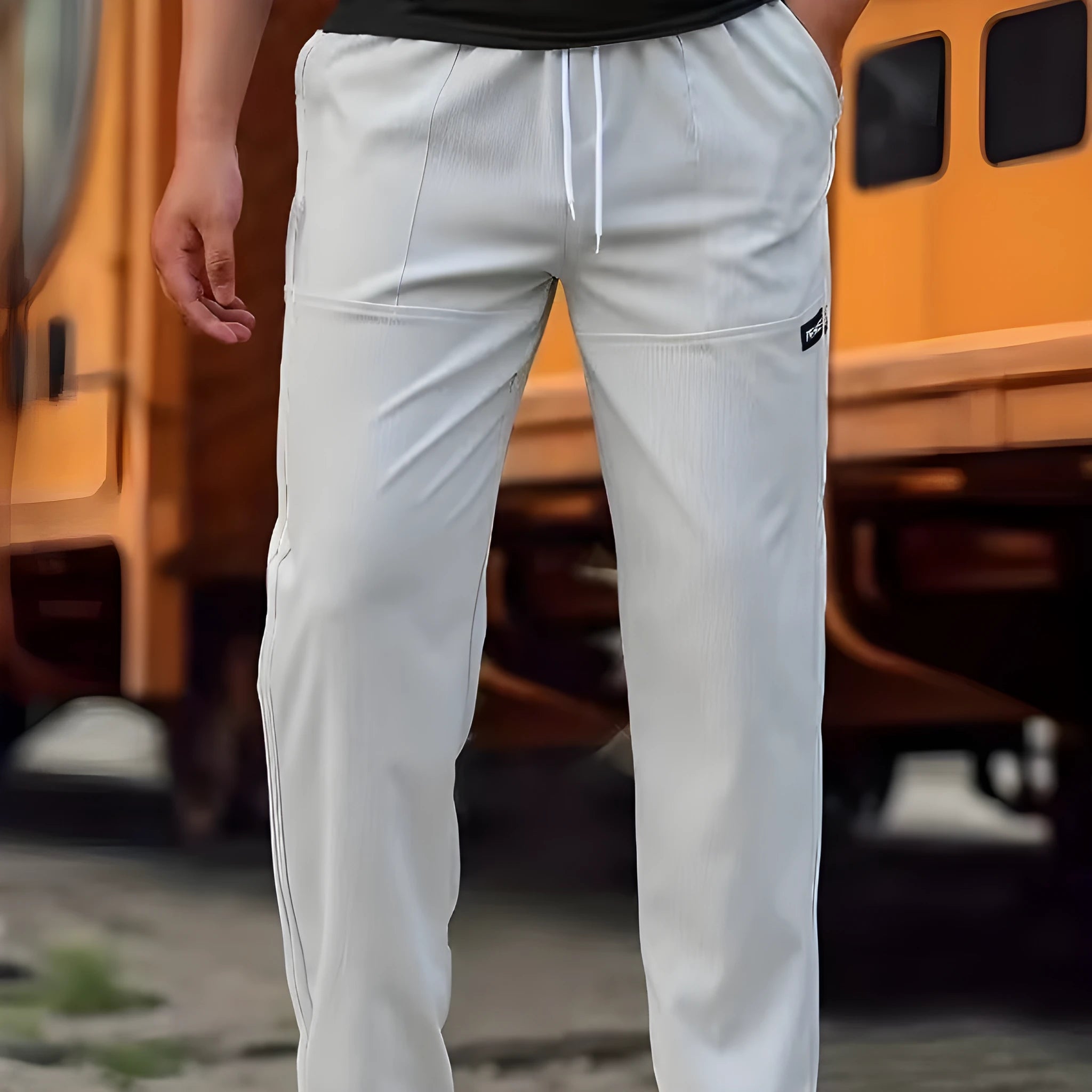 Man wearing lightweight grey polyester trousers, showcasing fit and casual style for spring or autumn.