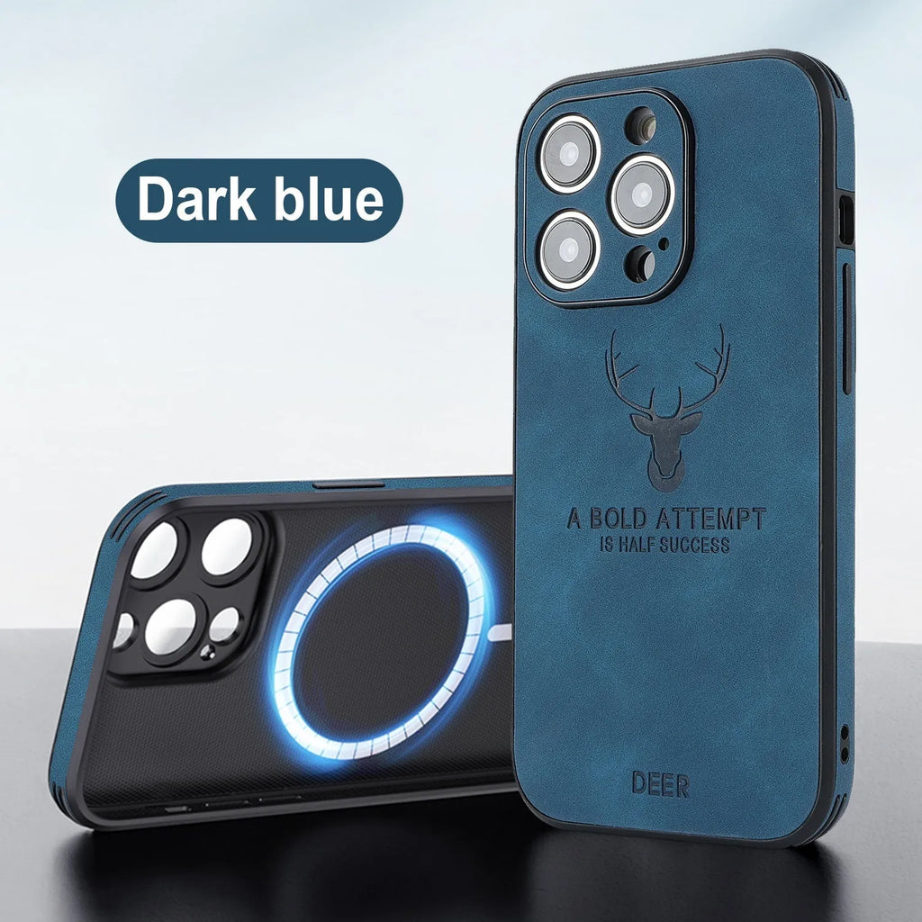 iPhone 16 magnetic case with embossed moose head design in imitation leather, shown in dark blue colour.
