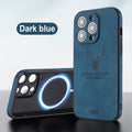 iPhone 16 magnetic case with embossed moose head design in imitation leather, shown in dark blue colour.