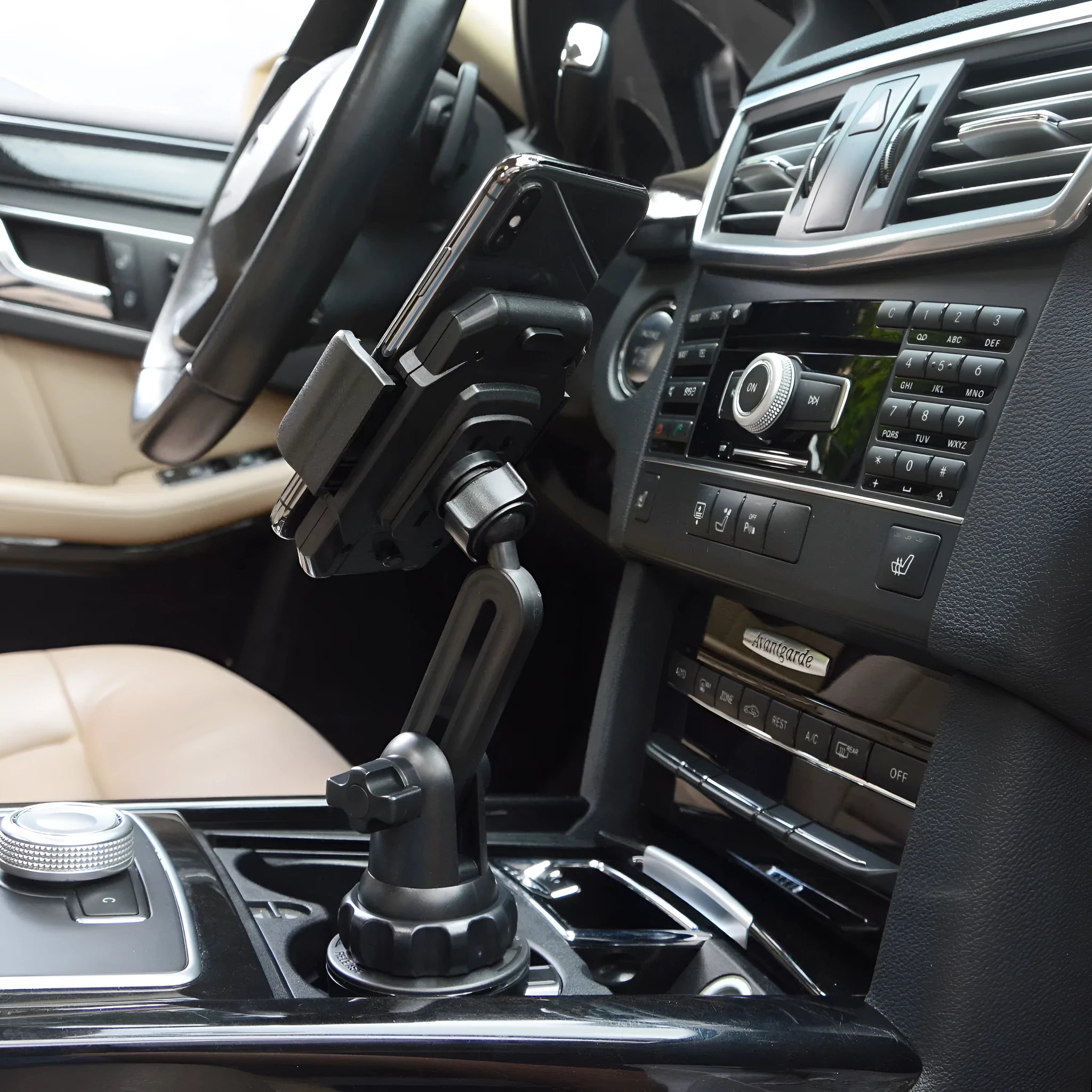 Black car water cup holder mobile phone holder with 360° rotation and adjustable height, made from ABS material