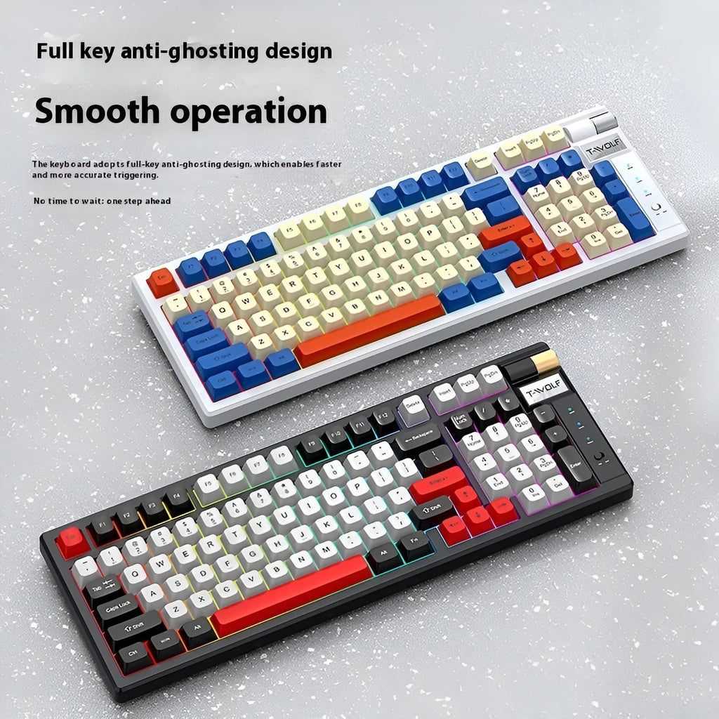 Wireless Bluetooth gaming mechanical keyboard with ABS ABS plastic keys, black and red colour, compact desk layout