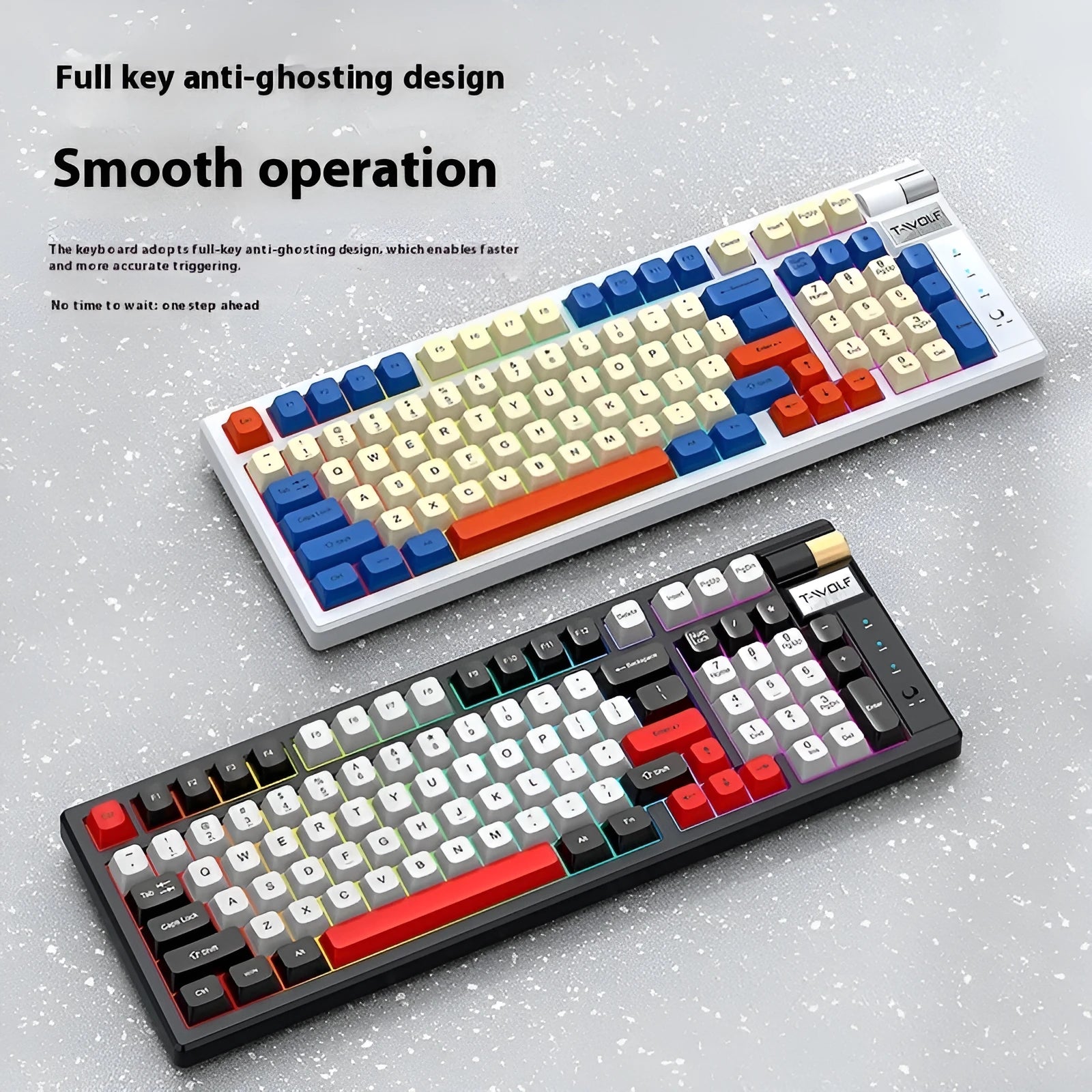 Wireless Bluetooth gaming mechanical keyboard with ABS ABS plastic keys, black and red colour, compact desk layout