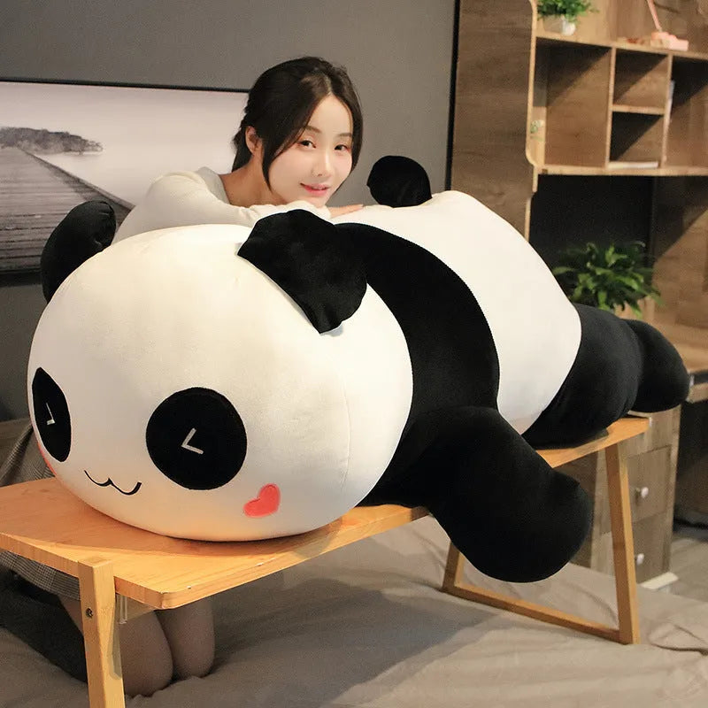 Large lying panda pillow in stretch soft velvet with down cotton filling, 85cm size, Triangle-Eye Smile design