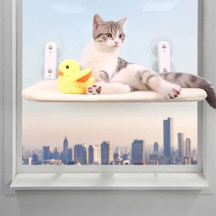 Cat window hammock with stainless steel frame and grey plush cushion mounted with suction cups
