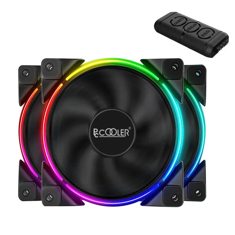 Three black 120mm PC chassis fans with FRGB lighting on blades