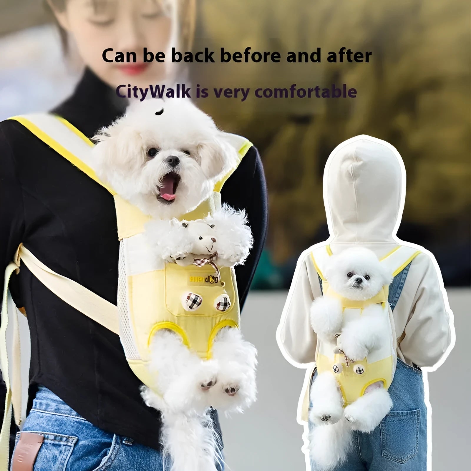 A cartoon-patterned canvas chest bag for pets with adjustable ribbon straps, shown in the Beka Yellow Bear design.