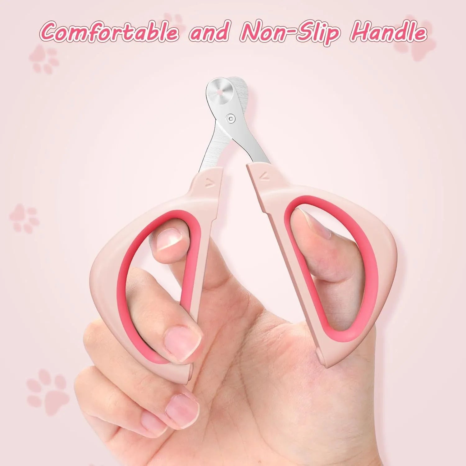Cat nail clipper with positioning hole and stainless steel blade on pink background