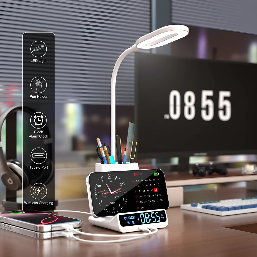 Modern wireless charging desk lamp with pen holder storage box in black and white options