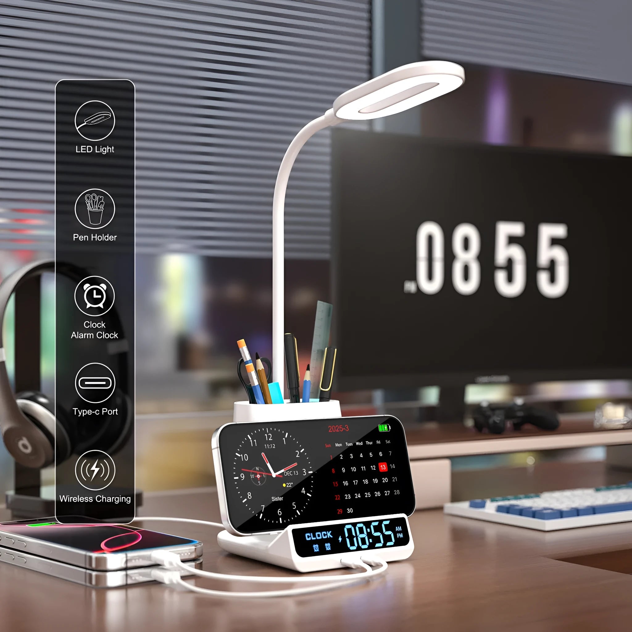 Modern wireless charging desk lamp with pen holder storage box in black and white options