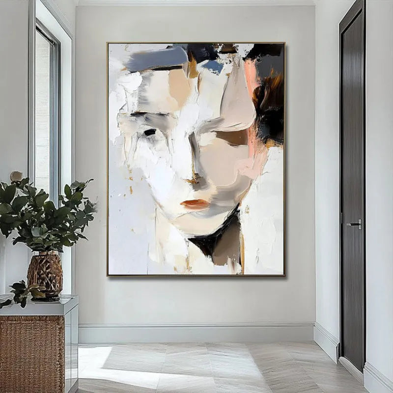 Abstract woman portrait hand-painted oil painting on canvas, black and white, modern wall art for living room