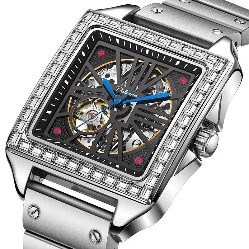 Men's square automatic watch with diamond studs on black leather strap