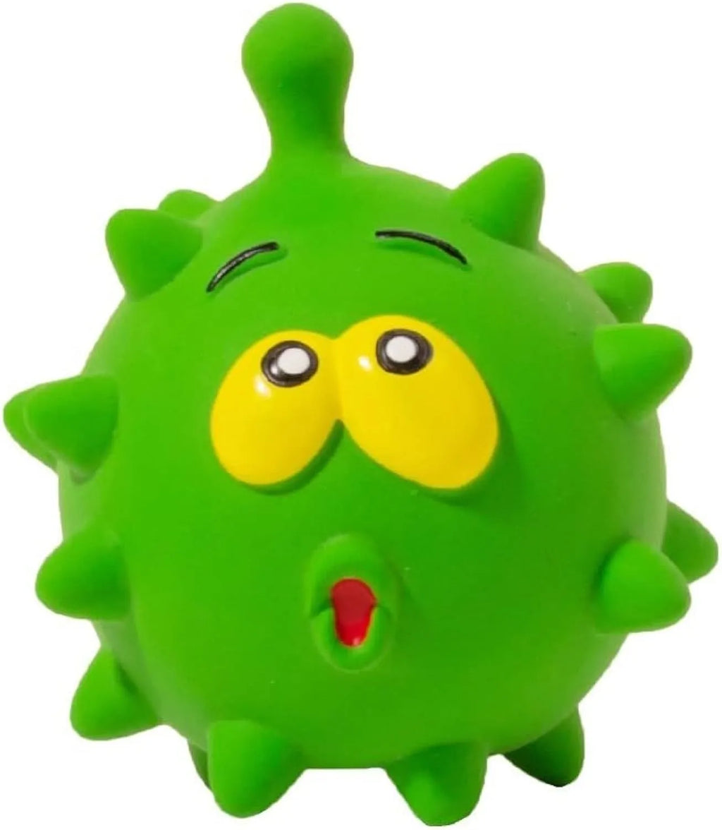 Four colourful latex squeaky dog balls with bumpy texture and cute faces for dental cleaning during play
