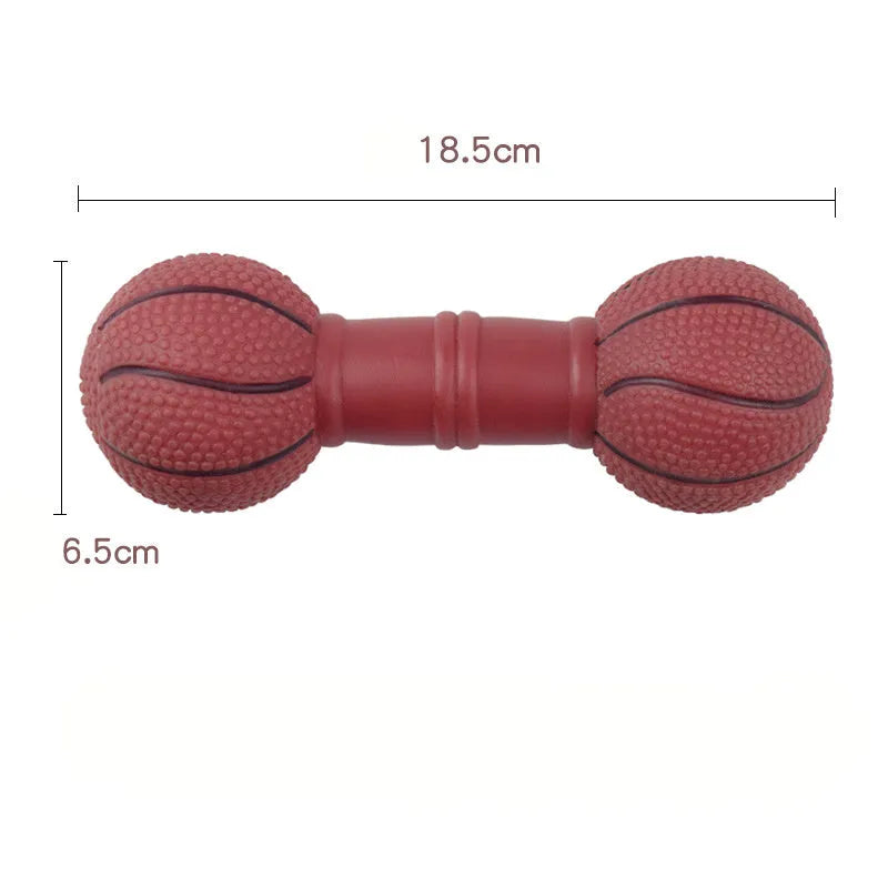 Brown, orange, white, and yellow PVC football dumbbell shaped squeaky dog chew toy