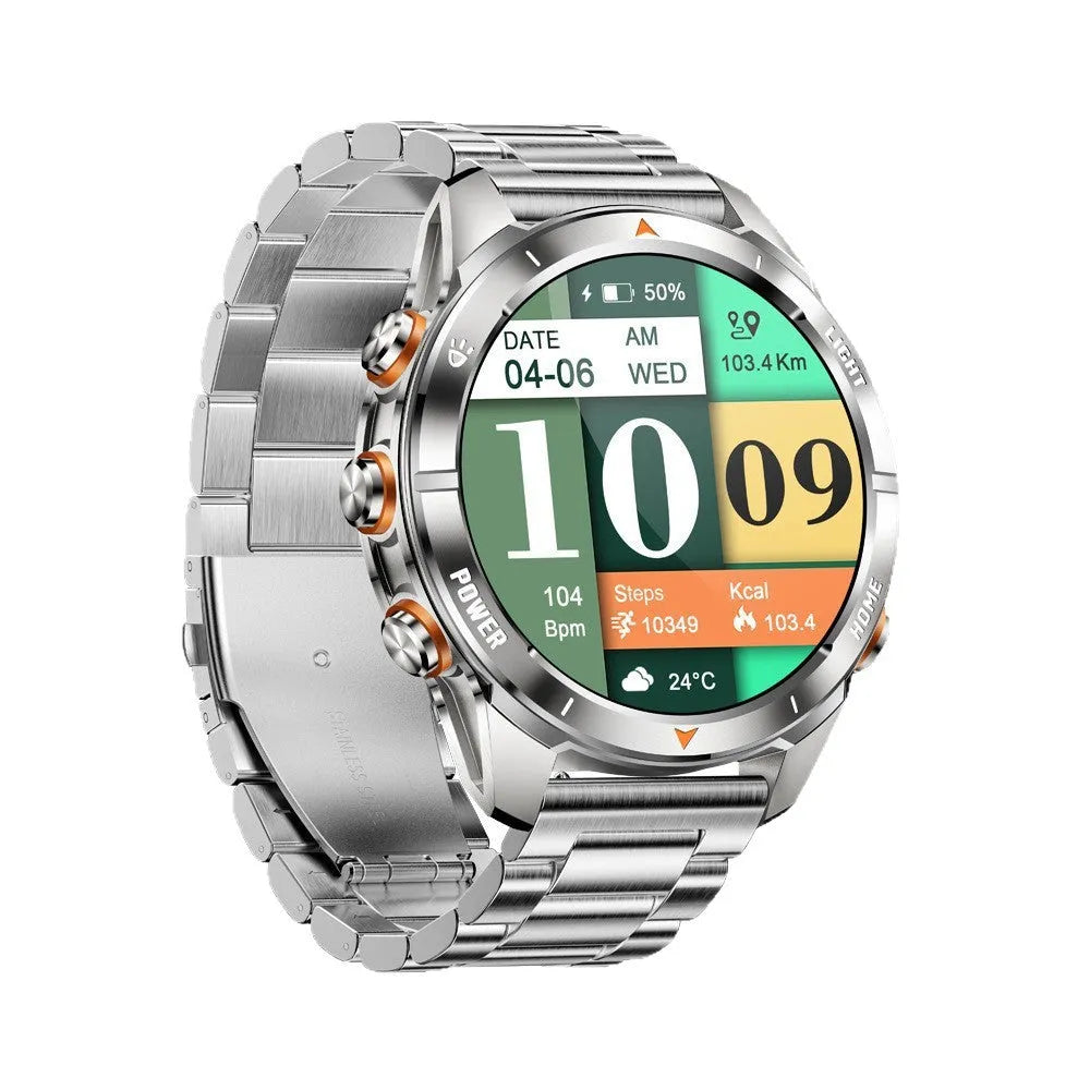 KT80 Smart Watch with full HD IPS screen and black silicone strap showing Bluetooth calling and health monitoring features