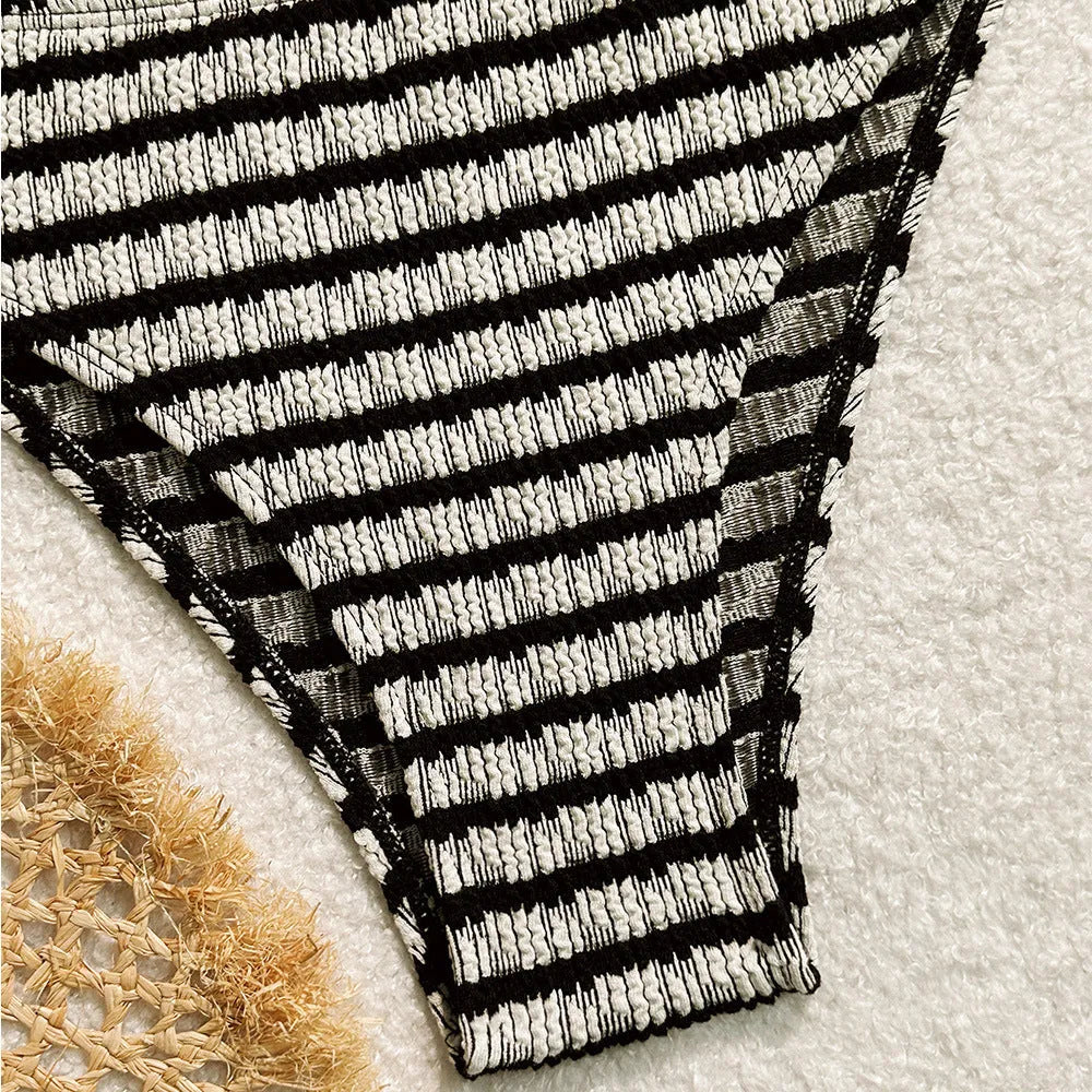 Women's striped printed bikini swimsuit in black, polyester two-piece with briefs bottom and sleeveless top