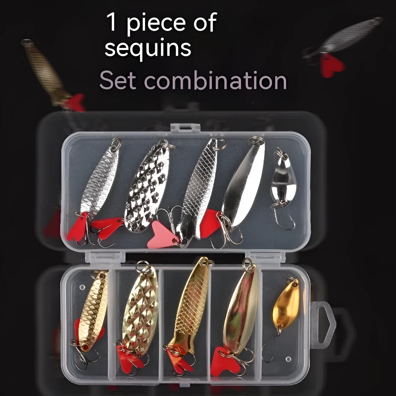 Pineapple sequin fishing lure box set with metal sequins in gold and silver colours